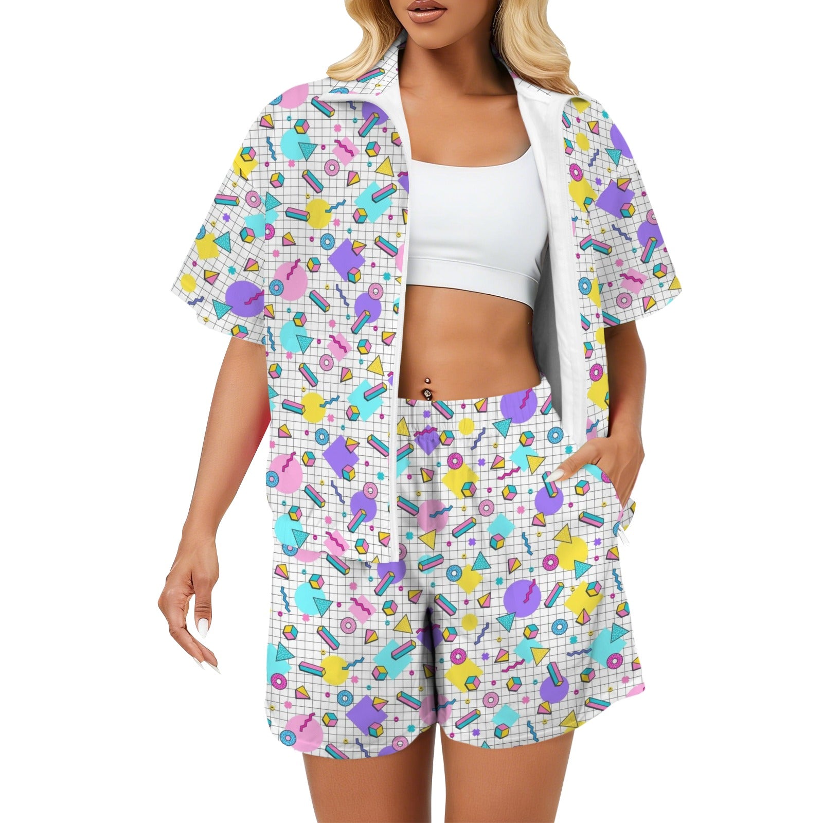 80's Grid - Women's Windbreaker Short Set 2XL Women's Windbreaker Short Set Printed Offshore Retro