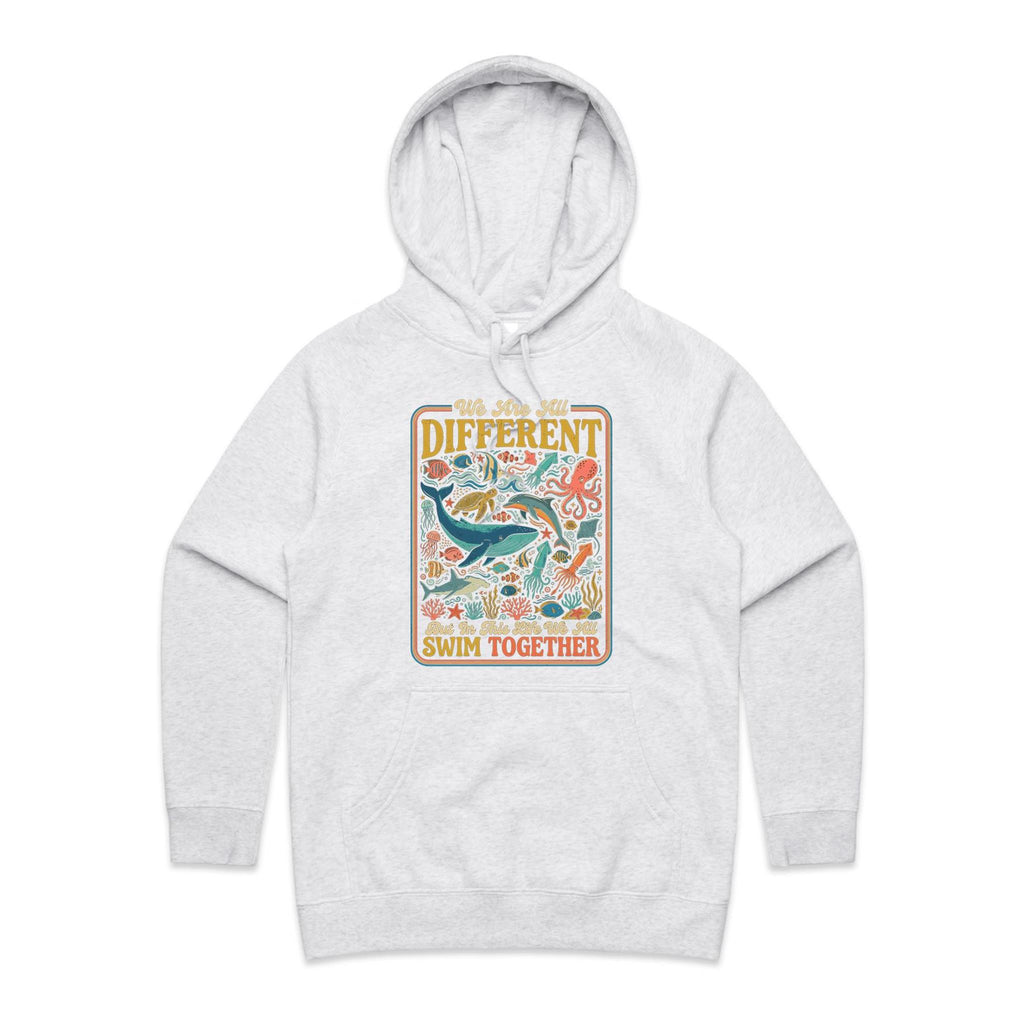 We Are All Different, But We All Swim Together Women's AS Colour Hoodie White Marle Womens Hoodie animal Ocean Positivity Printed In Australia