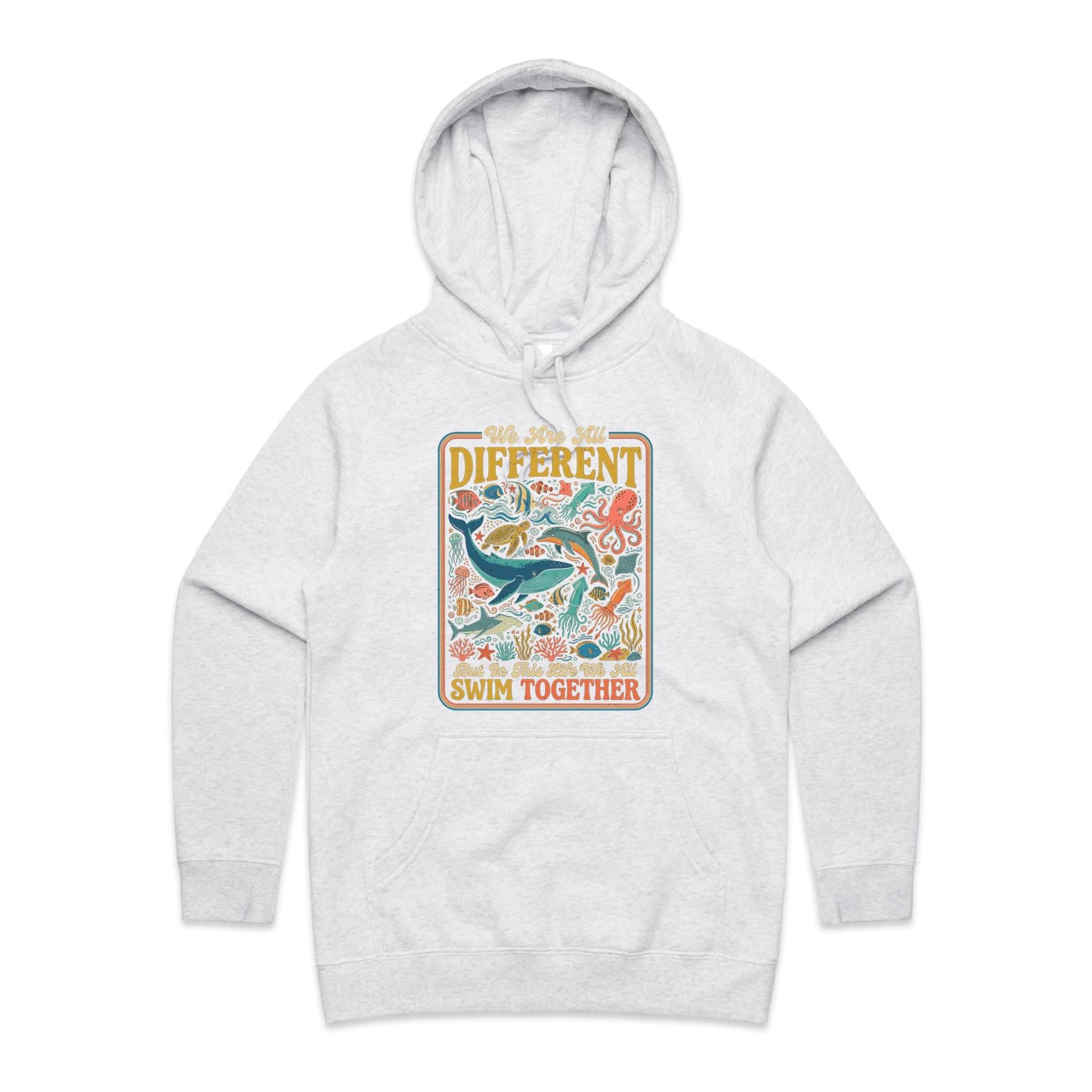 We Are All Different, But We All Swim Together - Women's AS Colour Hoodie White Marle Womens Hoodie animal Ocean Positivity Printed In Australia