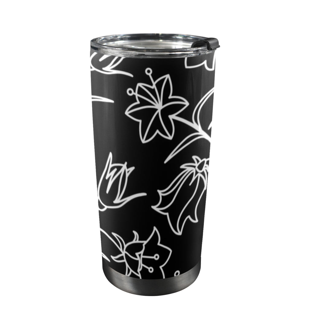 Black And White Floral - 20oz Mobile Tumbler with Lid (Black Lock) One Size 20oz Travel Mug Plants Printed Offshore
