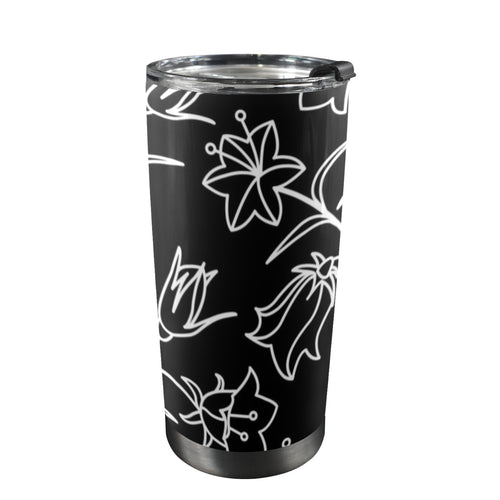 Black And White Floral - 20oz Mobile Tumbler with Lid (Black Lock) One Size 20oz Travel Mug Plants Printed Offshore