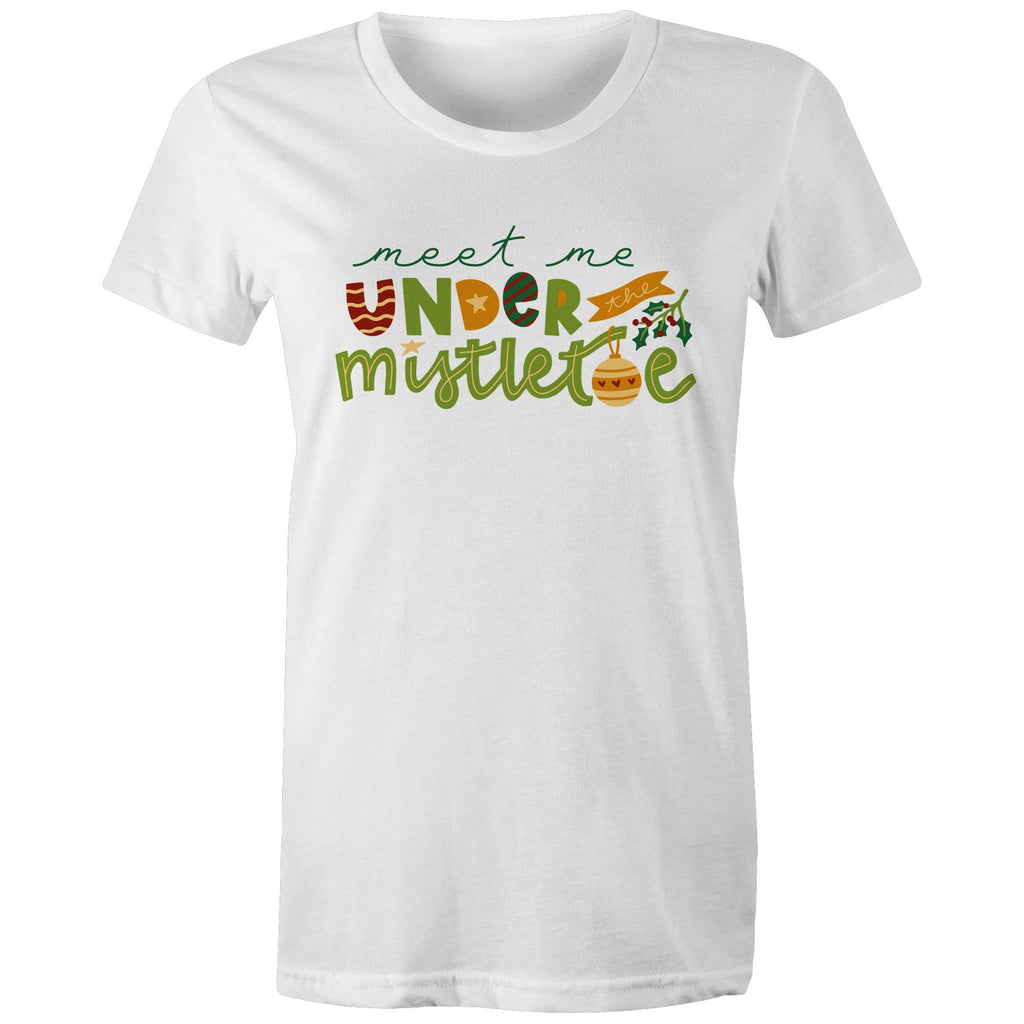 Meet Me Under The Mistletoe, Christmas - Womens T-shirt White Womens Christmas T-shirt Christmas Printed In Australia