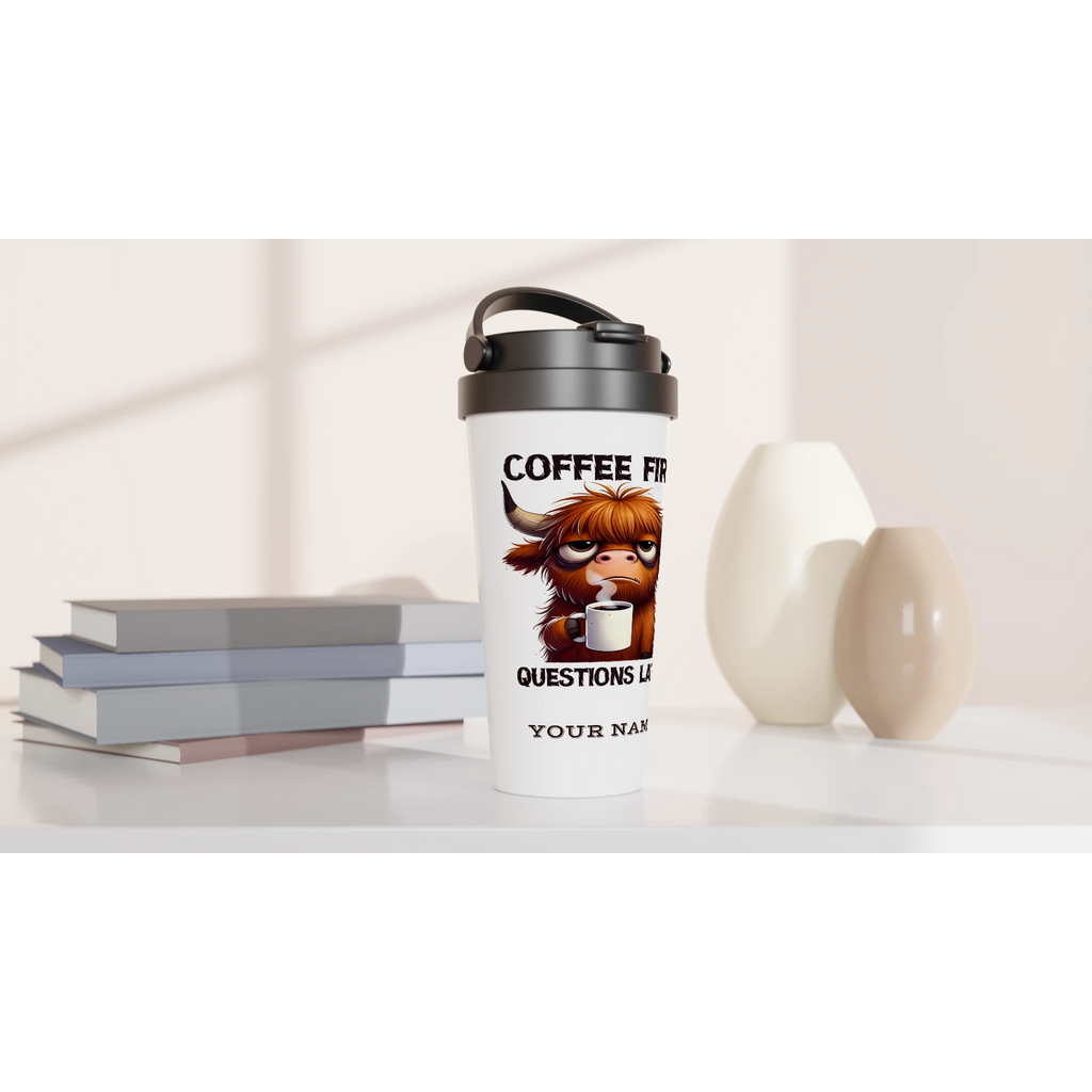 Personalise - Coffee First, Questions Later, Highland Cow - White 15oz Stainless Steel Travel Mug Personalised Travel Mug animal Coffee Globally Fulfilled
