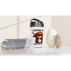 Personalise - Coffee First, Questions Later, Highland Cow - White 15oz Stainless Steel Travel Mug Personalised Travel Mug animal Coffee Globally Fulfilled
