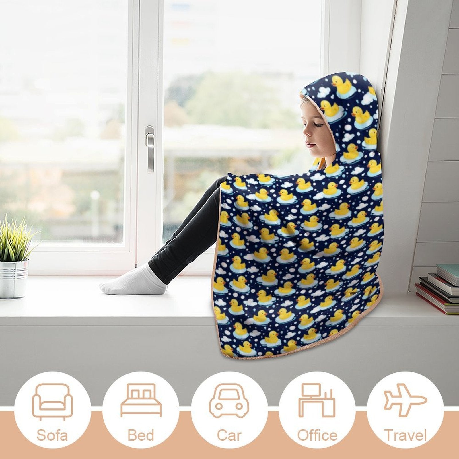 Rubber Ducks On Dark Kids Hooded Blanket 100cm x 130cm