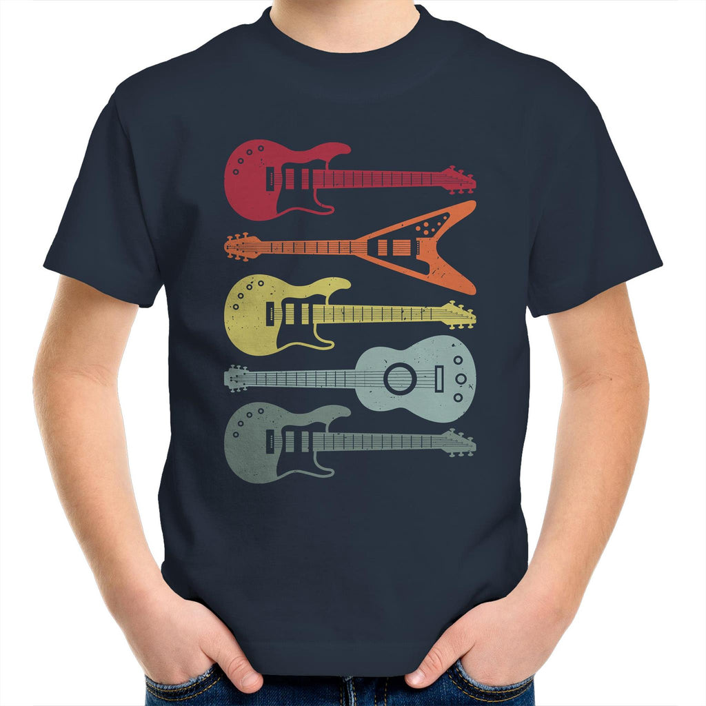 Retro Guitars - Kids Youth T-Shirt Navy Kids Youth T-shirt Music Printed In Australia