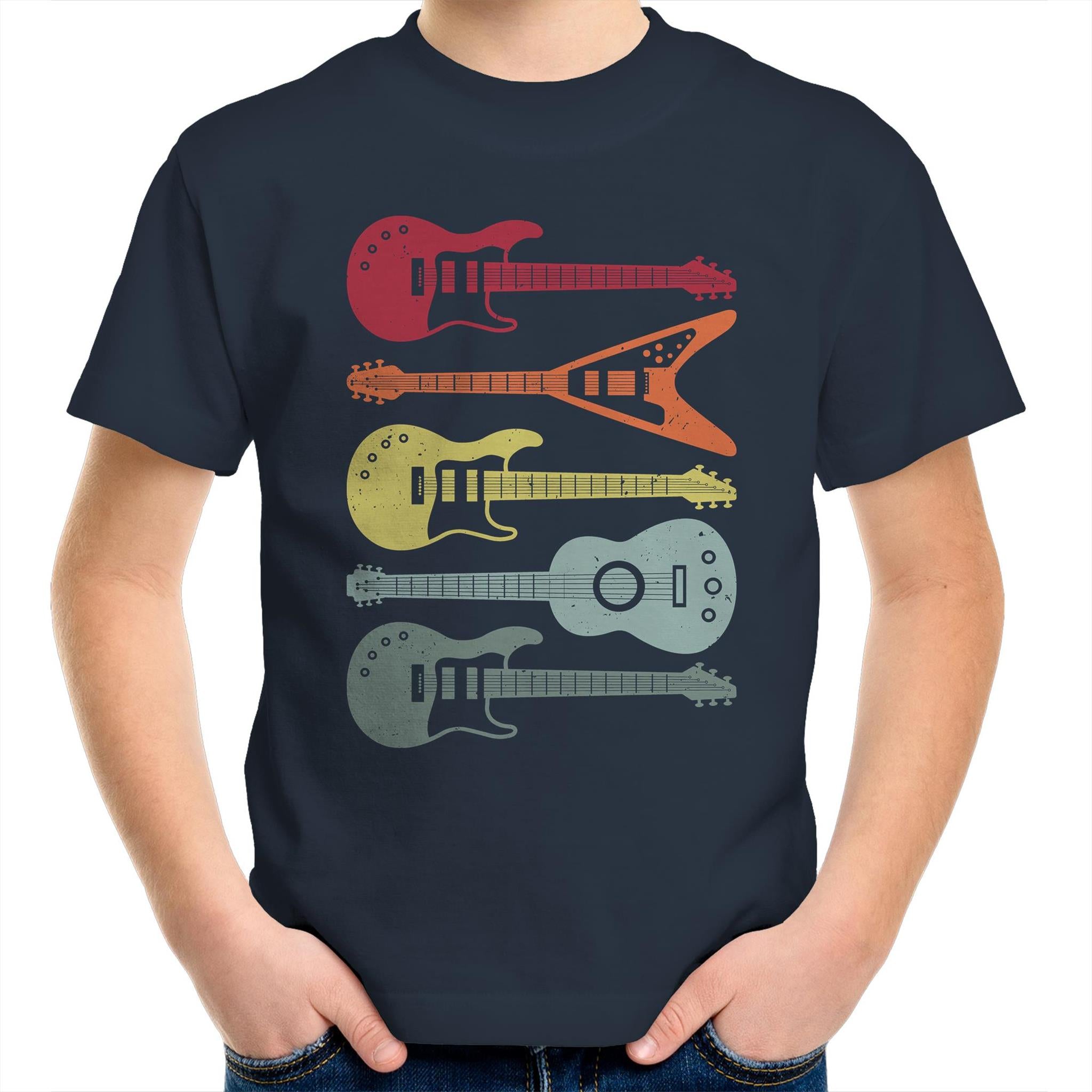Retro Guitars - Kids Youth T-Shirt Navy Kids Youth T-shirt Music Printed In Australia