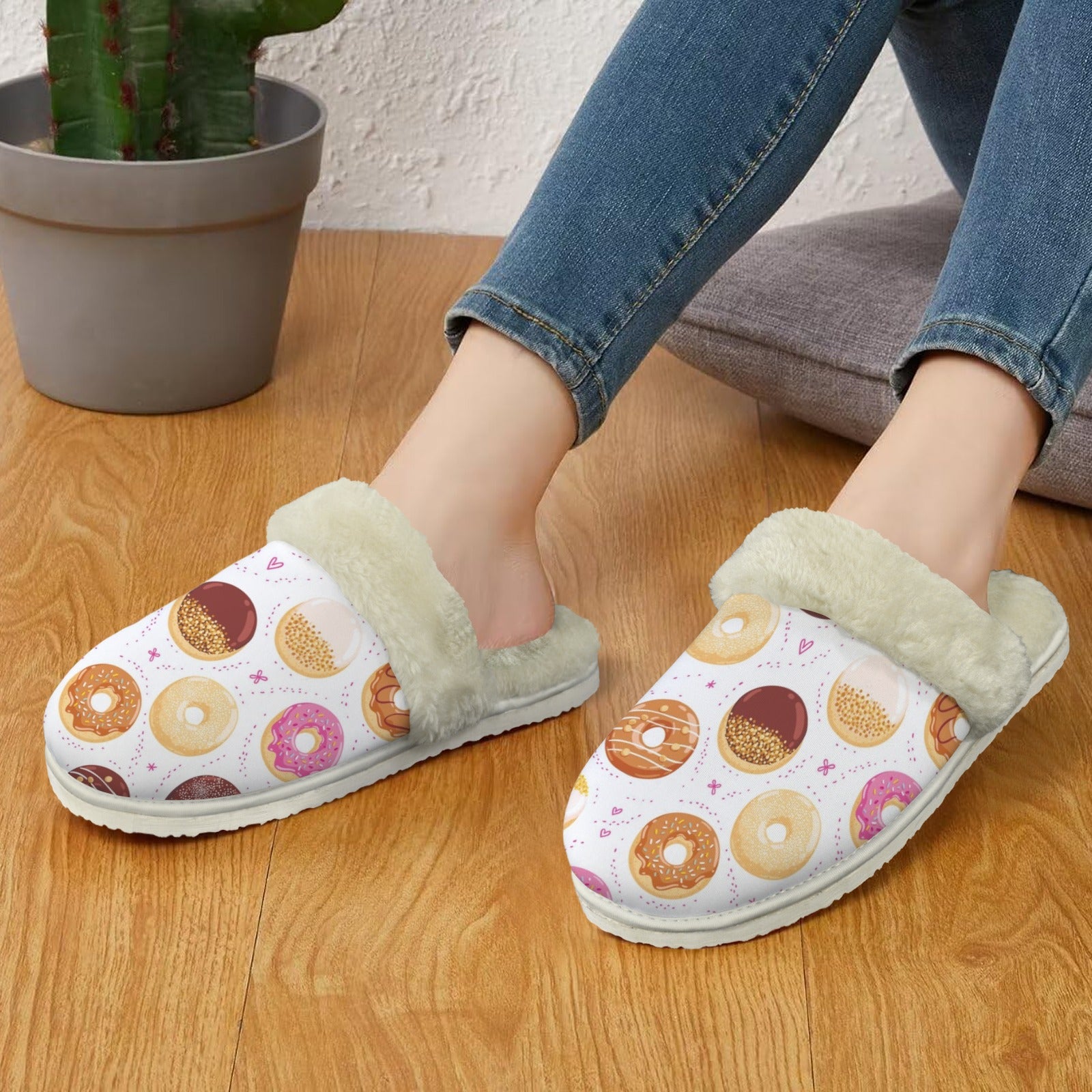 Doughnut Love Women's Fur Trim Thick-Sole Indoor Slippers Women's Fur Trimmed Slippers Food Printed Offshore