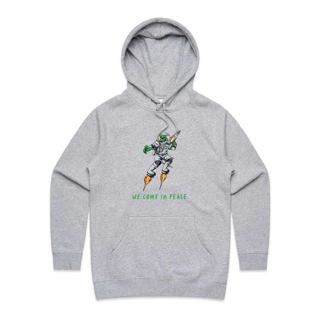 Alien Invasion, We Come In Peace - Womens Hoodie Grey Marle Womens Hoodie Printed In Australia Sci Fi