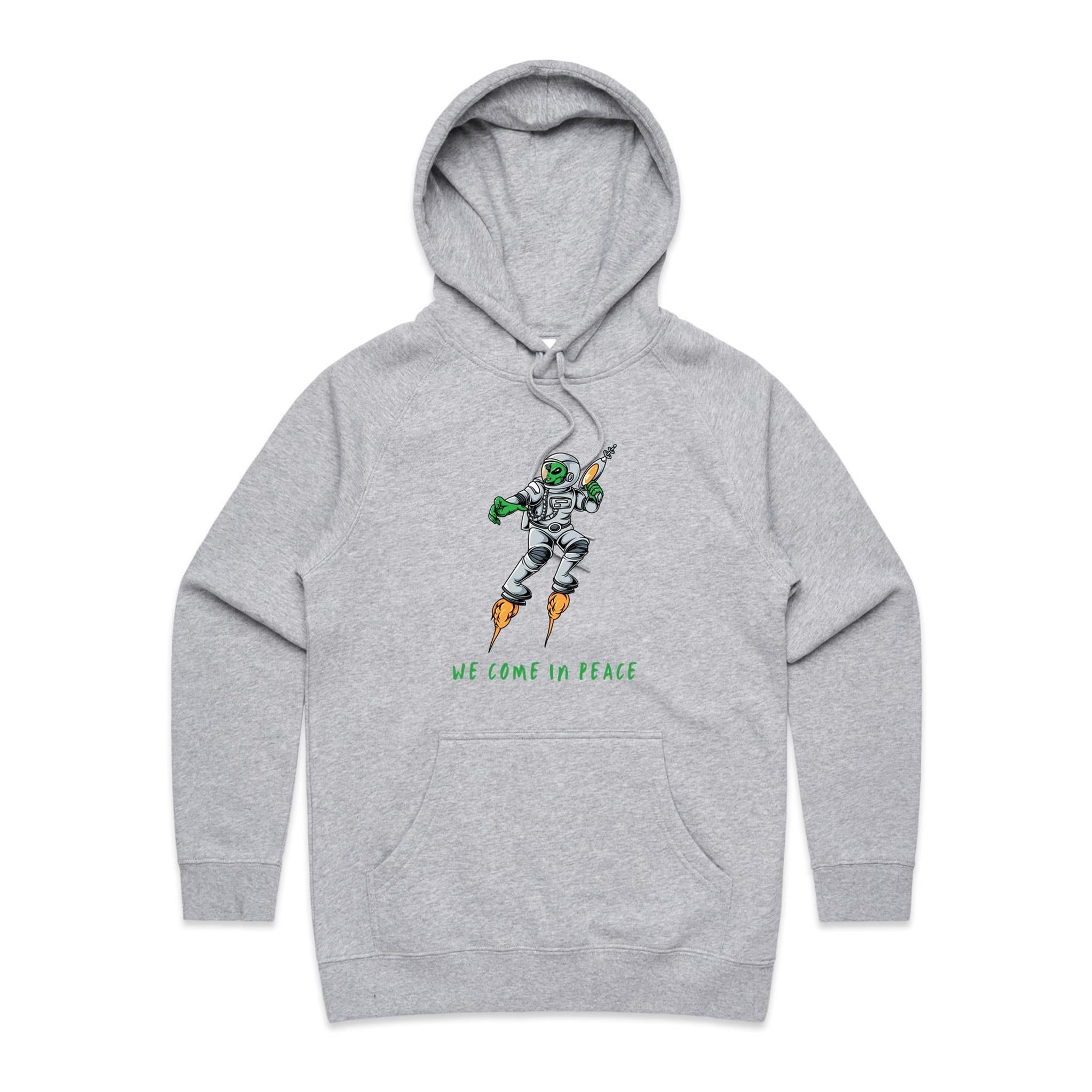 Alien Invasion, We Come In Peace - Womens Hoodie Grey Marle Womens Hoodie Printed In Australia Sci Fi