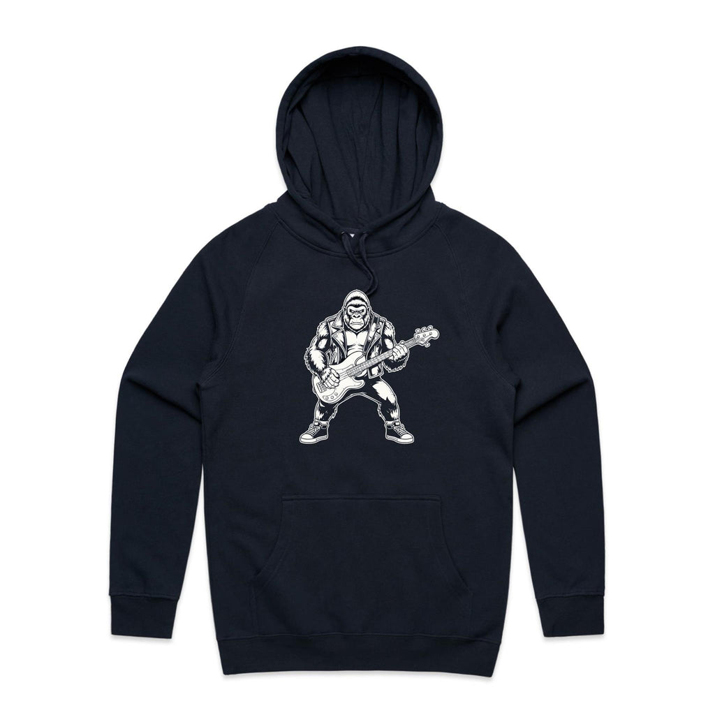 Gorilla Bass Player Men's AS Colour Hoodie Navy Mens Hoodie animal Music Printed In Australia