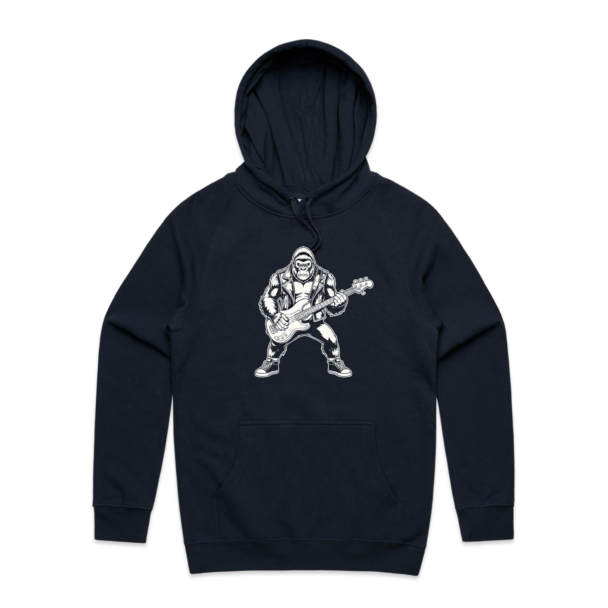 Gorilla Bass Player Men's AS Colour Hoodie Navy Mens Hoodie animal Music Printed In Australia