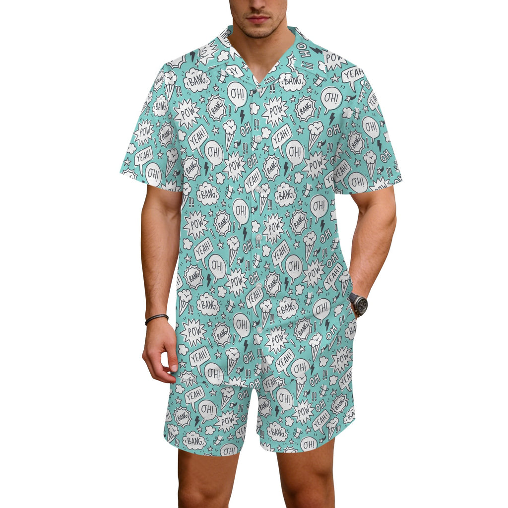 Comic Book Speech Bubbles Men's Hawaiian Shirt & Shorts Set Men's Hawaiian Shirt & Shorts Set comic Printed Offshore