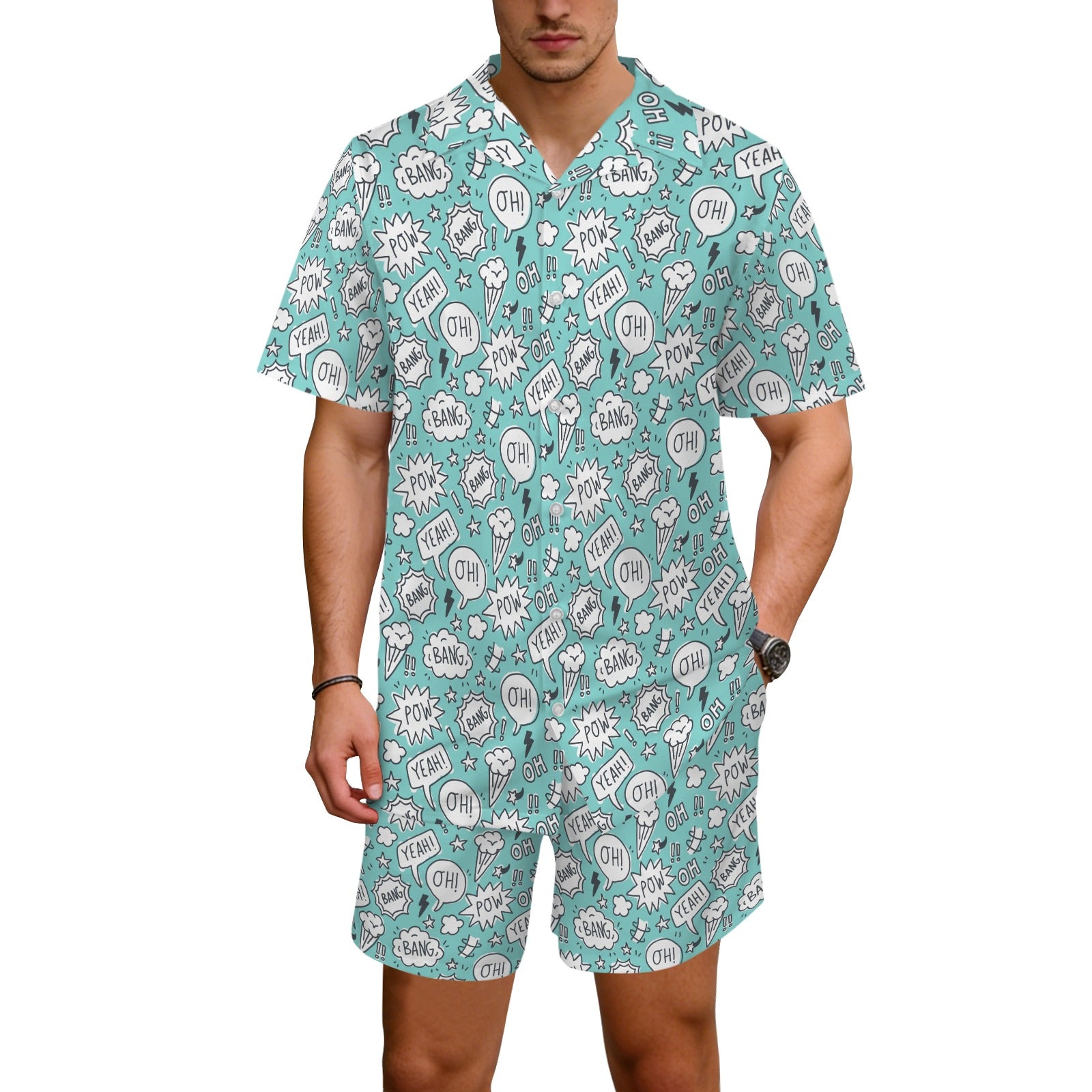Comic Book Speech Bubbles Men's Hawaiian Shirt & Shorts Set Men's Hawaiian Shirt & Shorts Set comic Printed Offshore