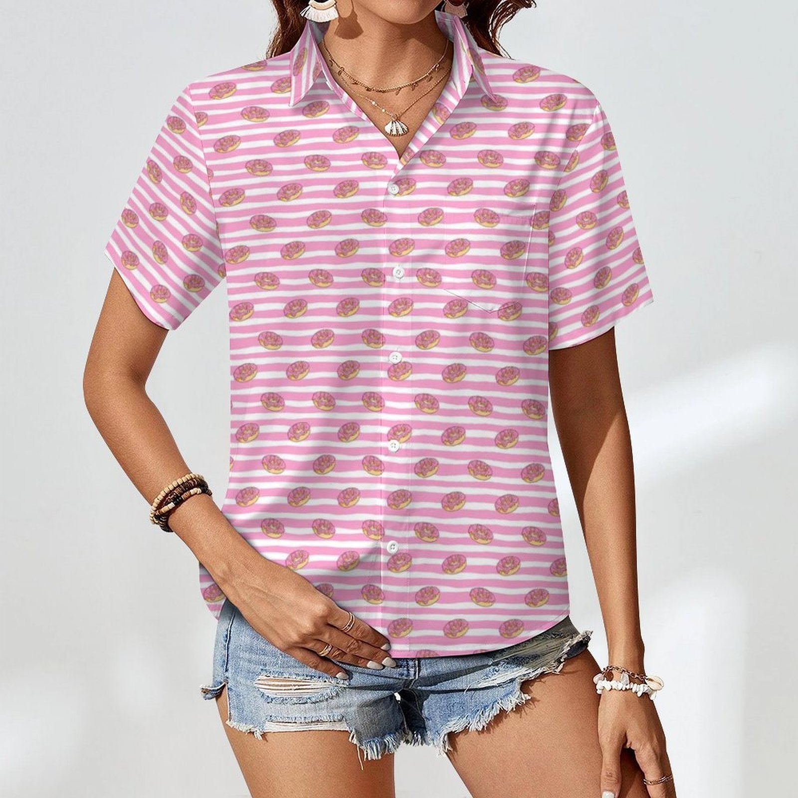 Pink Doughnut Stripes Women's Short-Sleeve Button Up Shirt Women's Short-Sleeve Button Up Shirt Food Printed Offshore