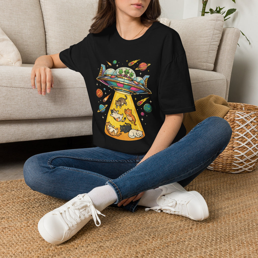 UFO Cat Abduction Unisex T-Shirt Black Unisex Adult T-shirt animal Globally Fulfilled Sci Fi