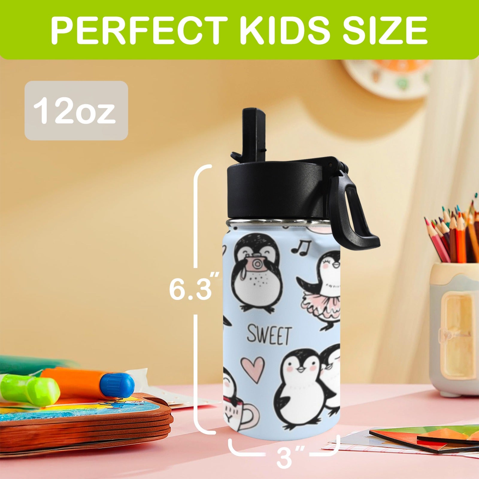 Penguin Love 12oz Kids Water Bottle with Straw Lid