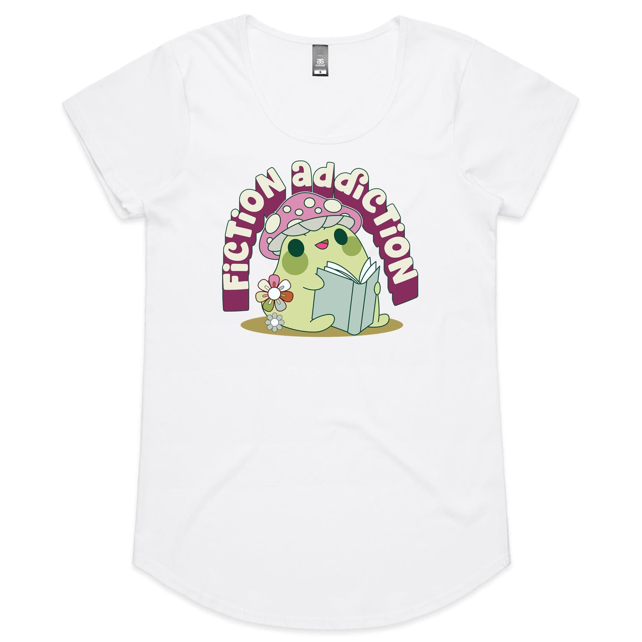 Fiction Addiction - Womens Scoop Neck T-Shirt White Womens Scoop Neck T-shirt Printed In Australia Reading