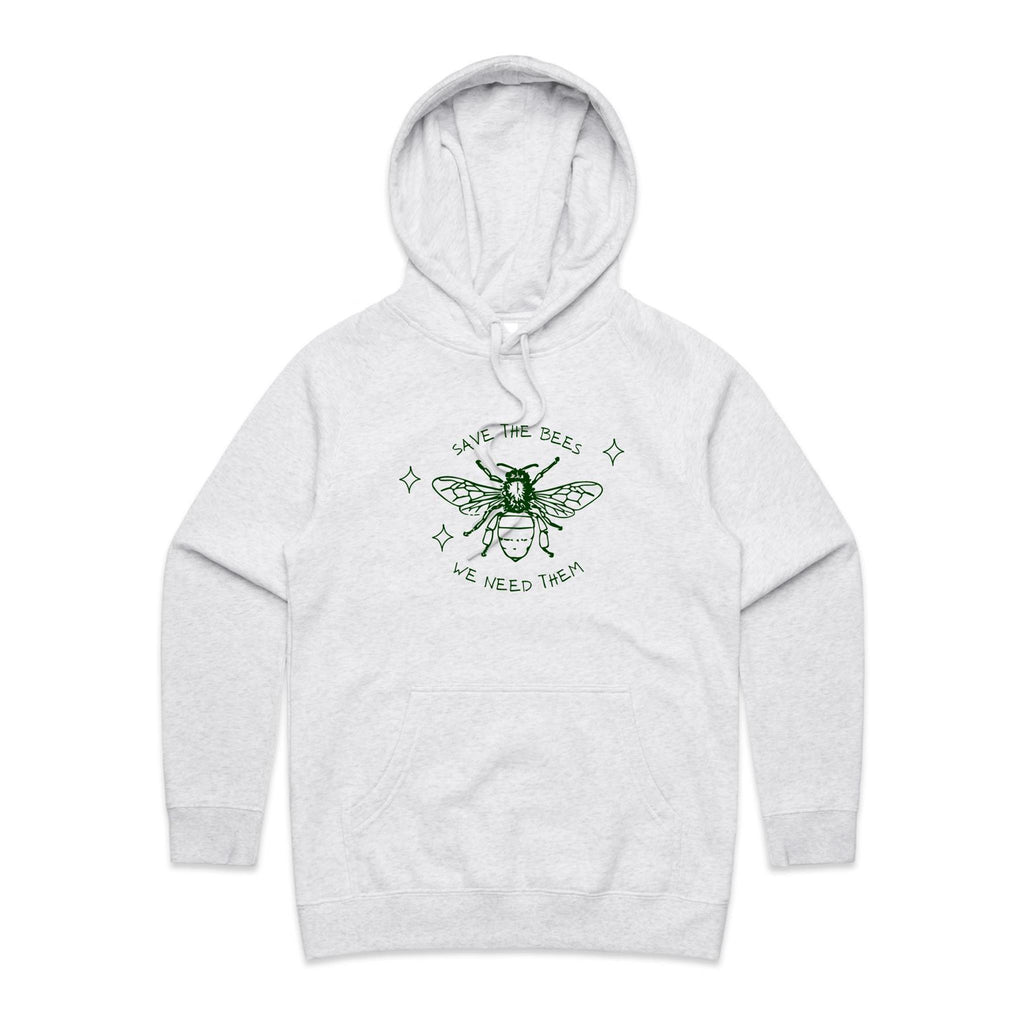 Save The Bees - Womens Hoodie White Marle Womens Hoodie Environment Printed In Australia
