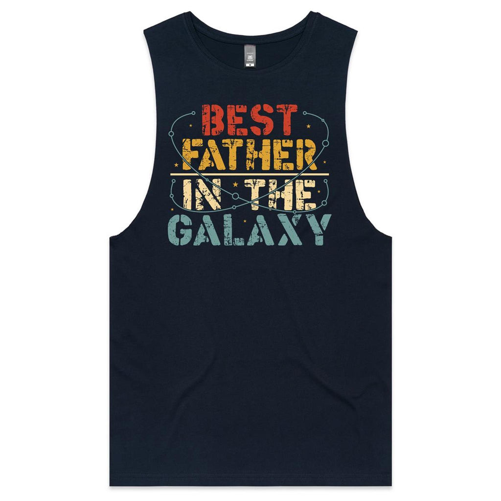 Best Father In The Galaxy Mens Men's AS Colour Drop Arm Tank Top Navy Drop Arm Tank Top Dad Printed In Australia