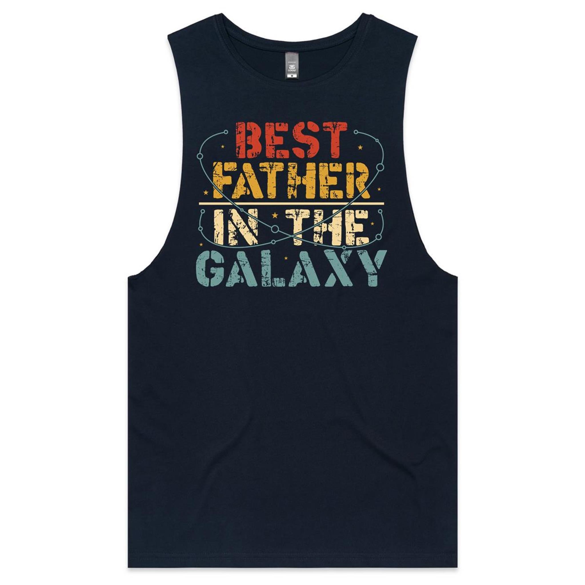 Best Father In The Galaxy - Mens Tank Top Tee Navy Drop Arm Tank Top Dad Printed In Australia