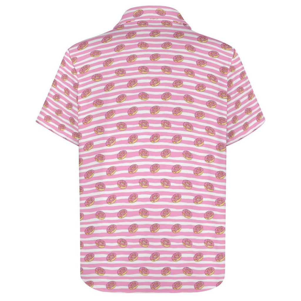 Pink Doughnut Stripes Women's Short-Sleeve Button Up Shirt Women's Short-Sleeve Button Up Shirt Food Printed Offshore