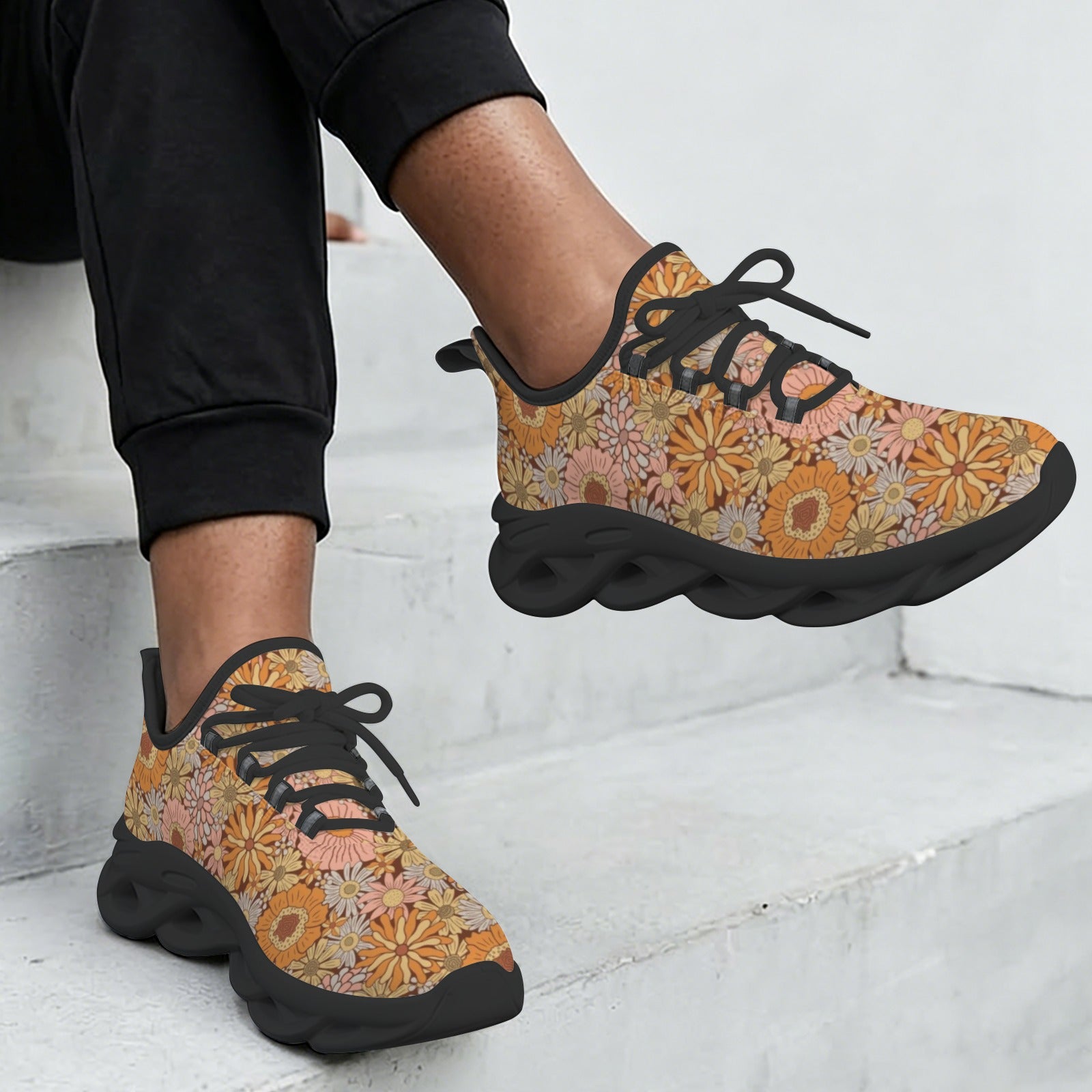 Orange Retro Floral Women's Twisted Sole Sneakers