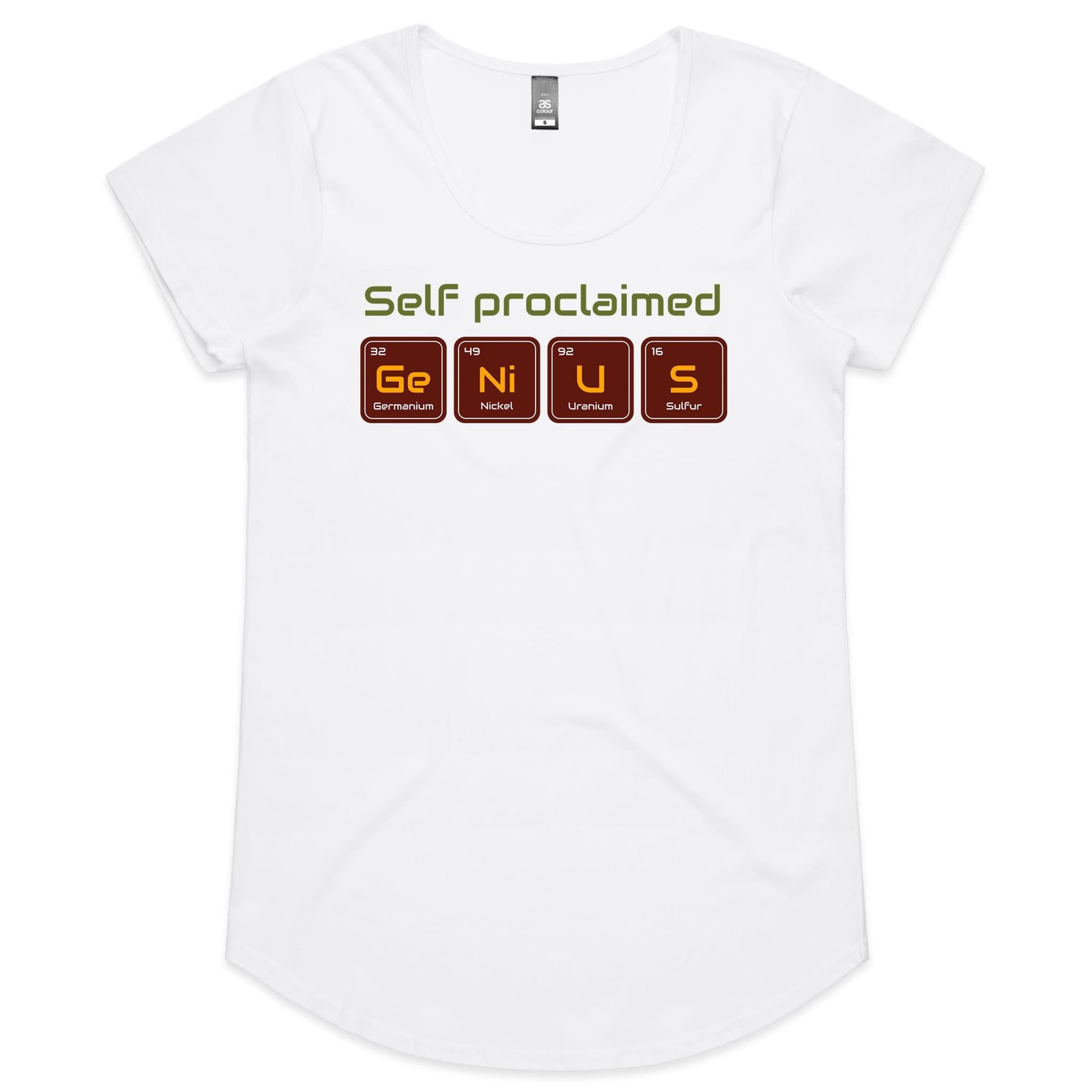 Self Proclaimed Genius, Periodic Table - Womens Scoop Neck T-Shirt White Womens Scoop Neck T-shirt Printed In Australia Science