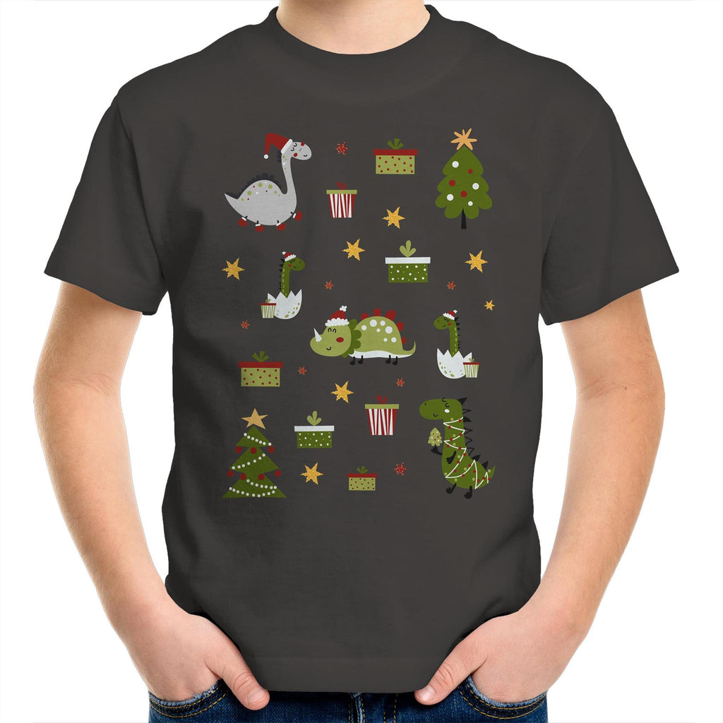 Cute Dinosaur Christmas - Kids Youth T-Shirt Charcoal Kids Christmas T-shirt Christmas Printed In Australia