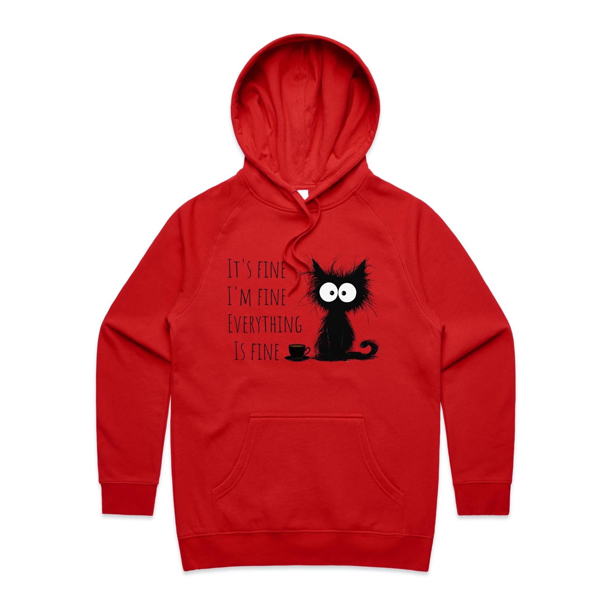 Frazzled Cat, It's Fine, I'm Fine, Everything Is Fine - Womens Hoodie Red Womens 2XL Womens Hoodie animal Printed In Australia