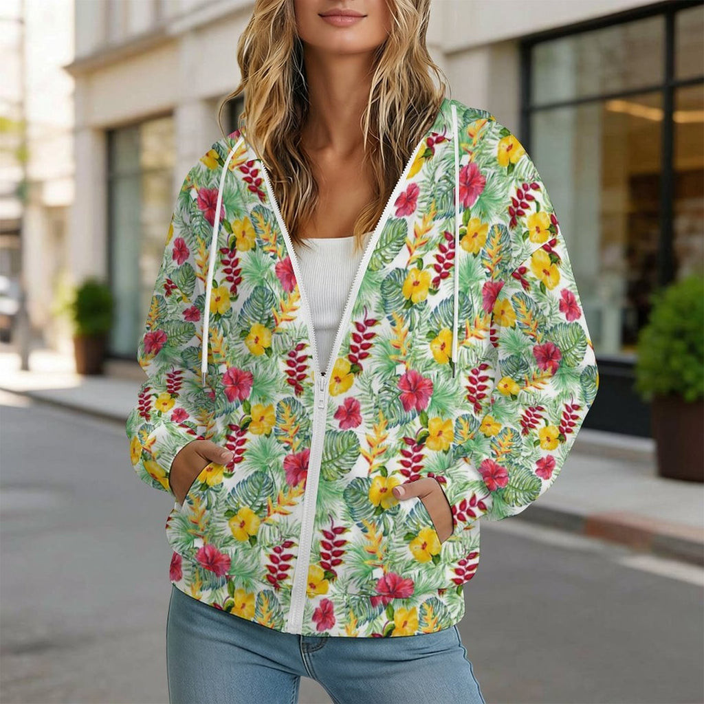 Tropical Flowers On White Women's Full-Zip Hoodie