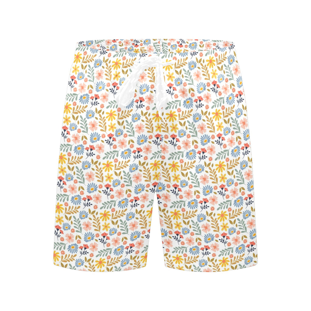 Boho Flowers And Leaves Men's Mid-Length Beach Shorts Men's Mid-Length Beach Shorts Plants Printed Offshore
