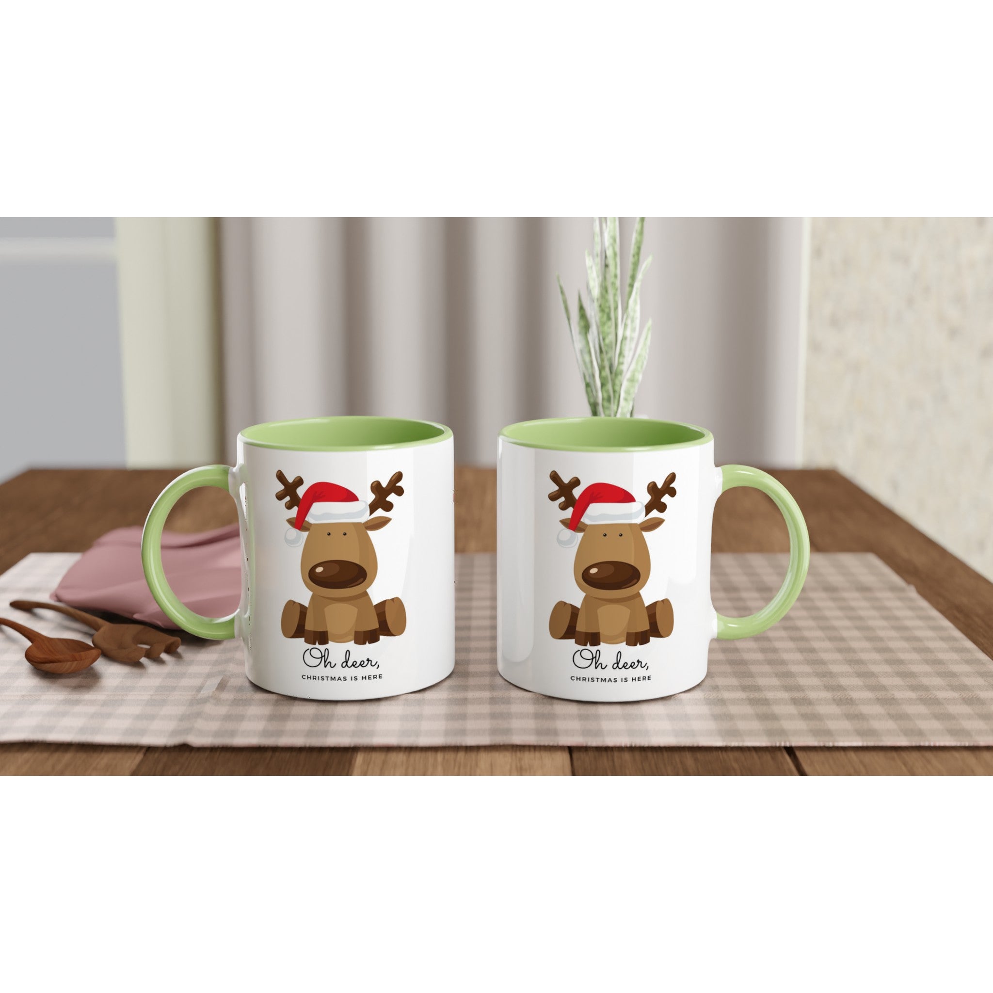 Oh Deer, Christmas Is Here - White 11oz Ceramic Mug with Colour Inside Christmas Colour Mug Christmas Globally Fulfilled