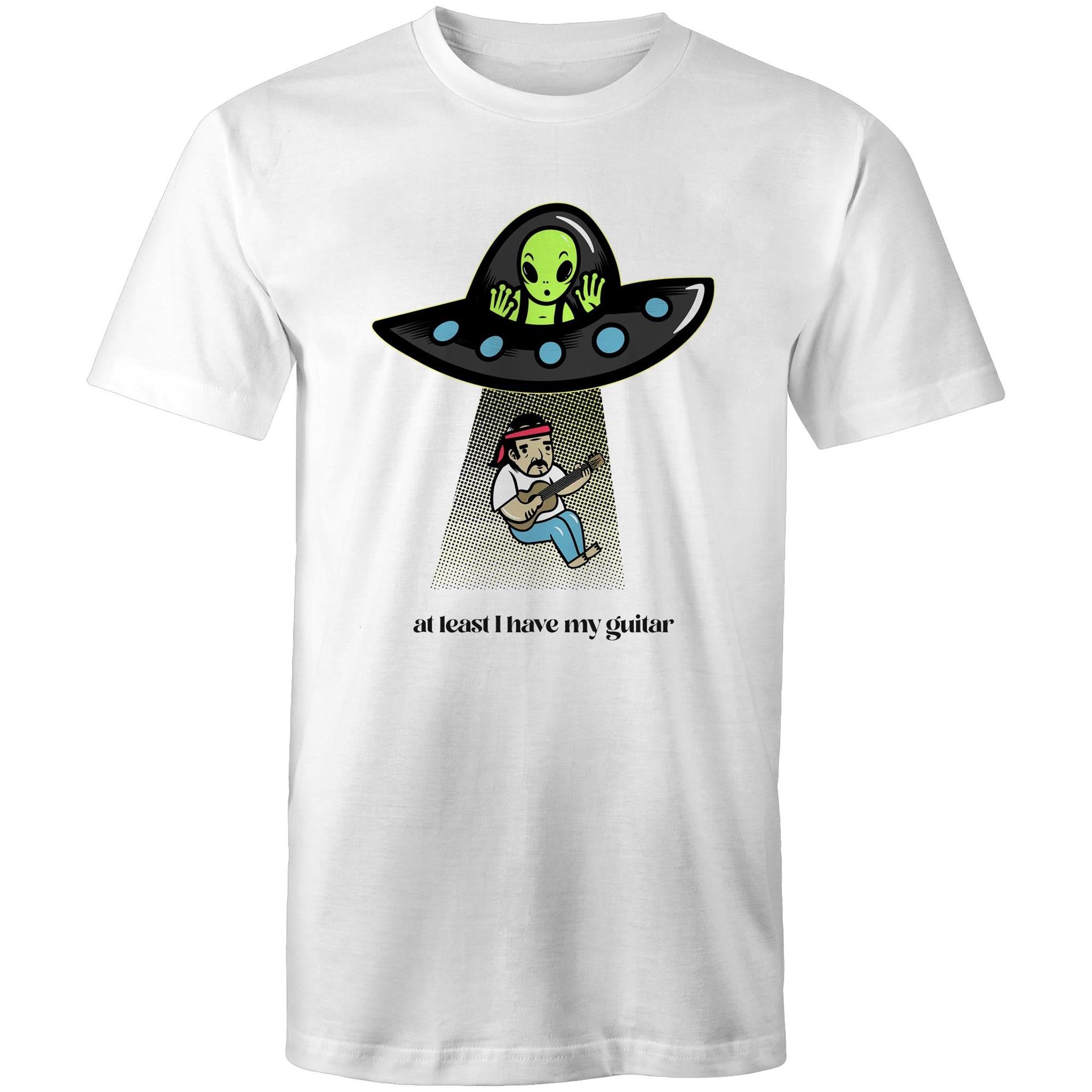 Alien Abduction, At Least I Have My Guitar - Mens T-Shirt White Mens T-shirt Music Printed In Australia Sci Fi