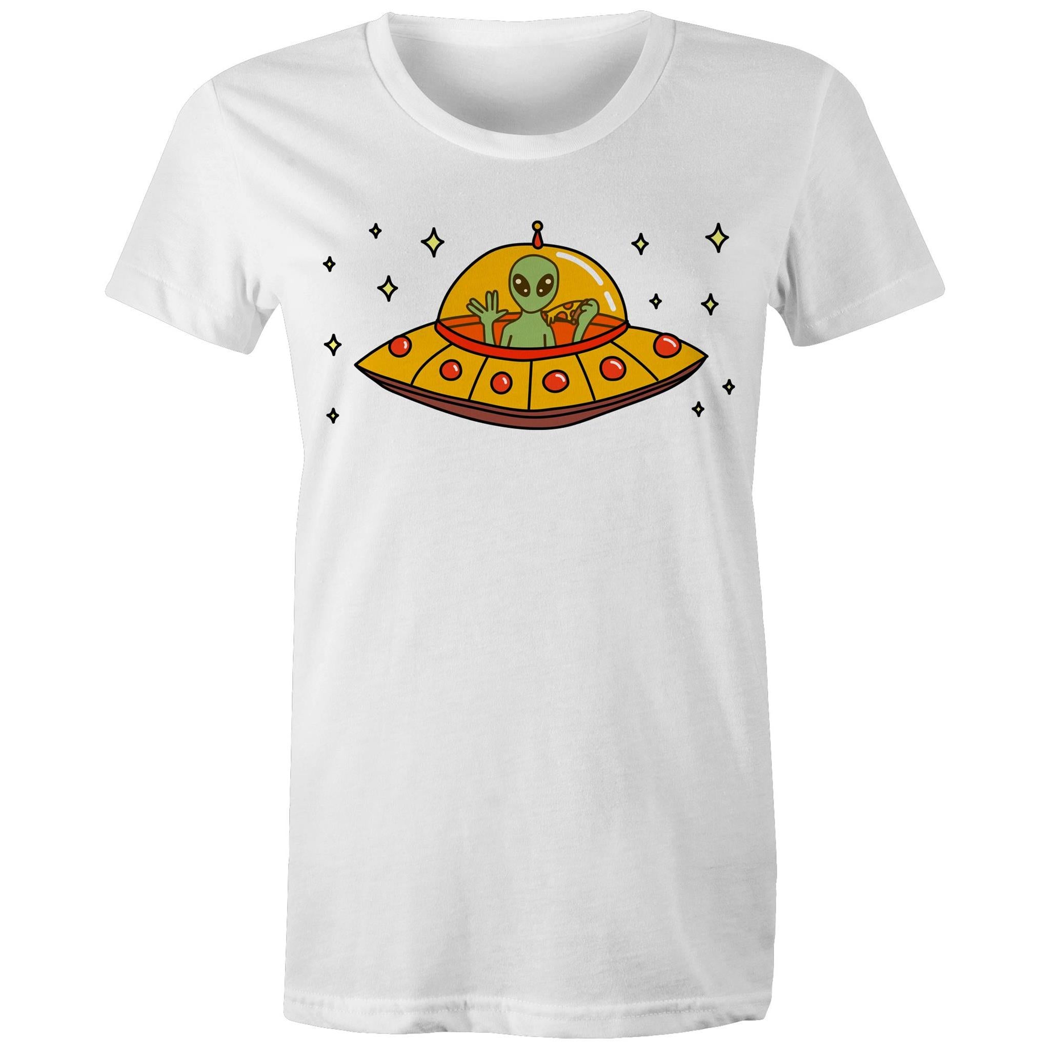 Alien Pizza - Womens T-shirt White Womens T-shirt Food Printed In Australia Sci Fi