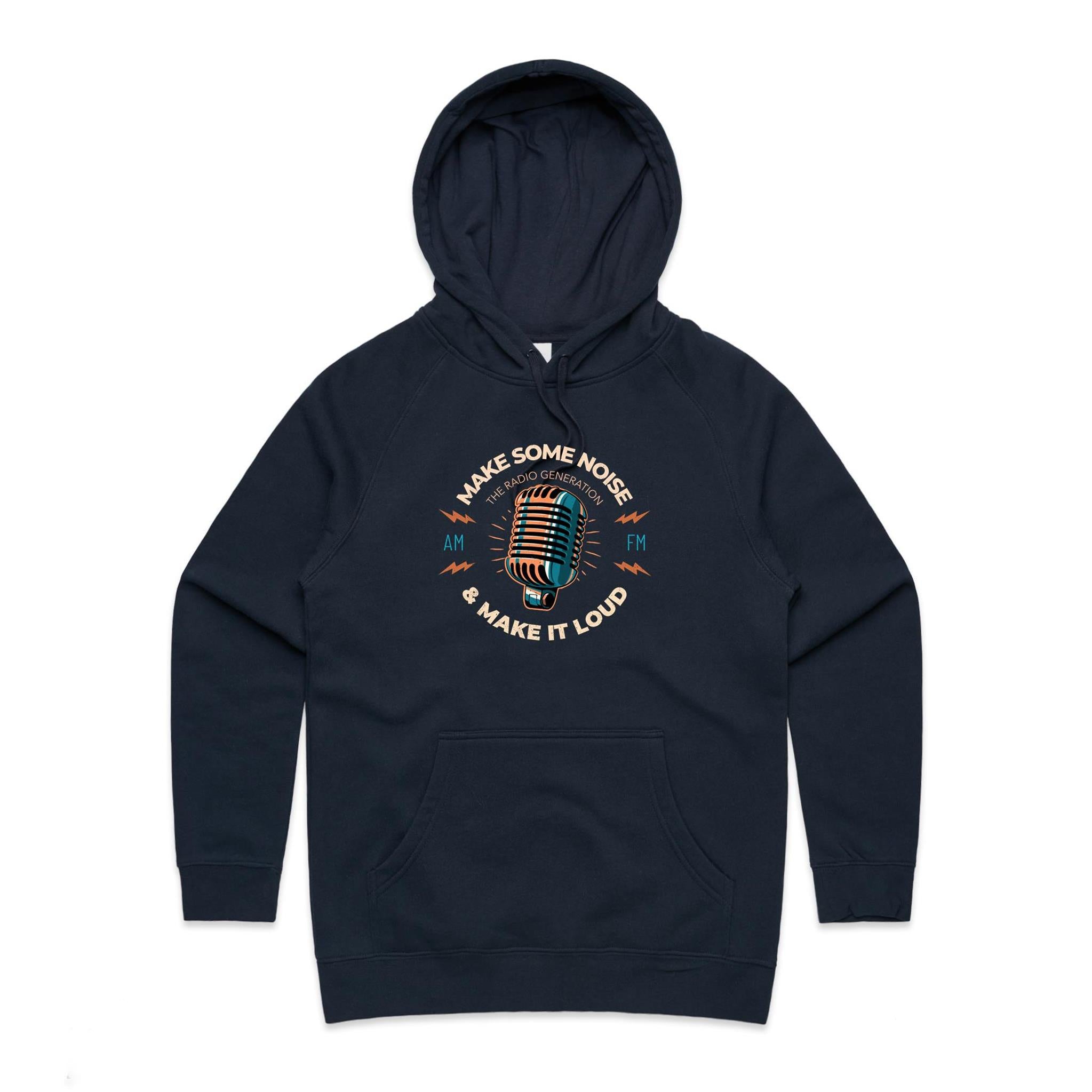 Make Some Noise, Retro Microphone - Womens Hoodie Navy Womens Hoodie Music Printed In Australia Retro