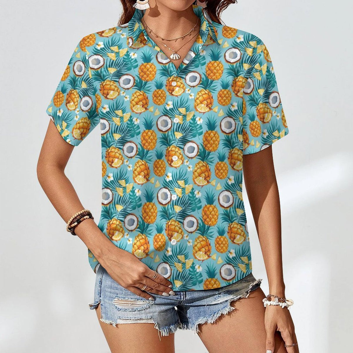 Pineapple Coconut Women's Collared Pocketless Short Sleeve Shirt