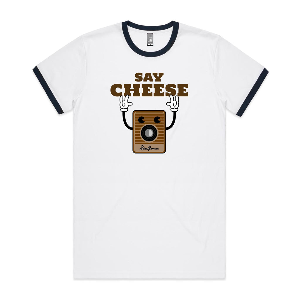 Say Cheese, Retro Camera - Staple Ringer Tee White Navy Ringer T-Shirt Printed In Australia Retro