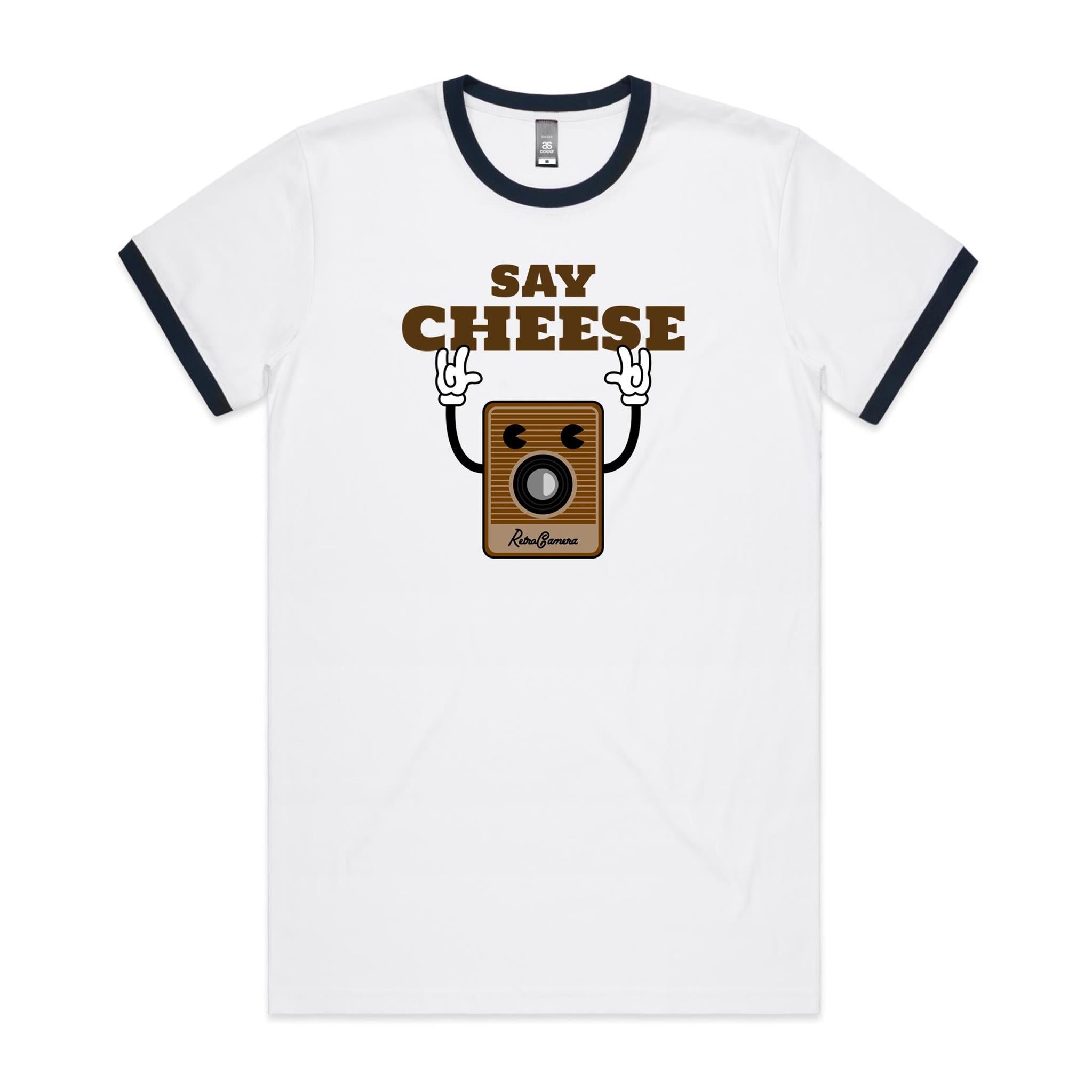 Say Cheese, Retro Camera - Staple Ringer Tee White Navy Ringer T-Shirt Printed In Australia Retro