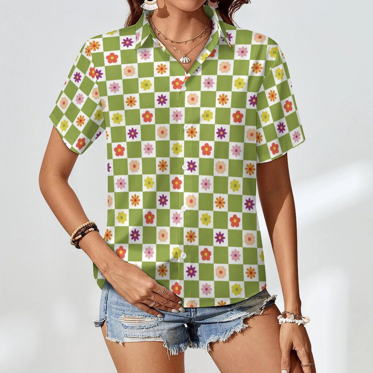 Flower Check Women's Collared Pocketless Short Sleeve Shirt
