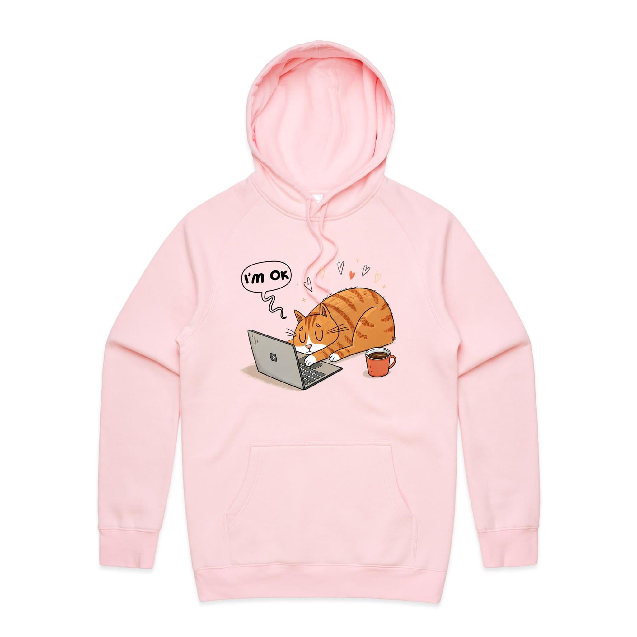 Cat Laptop, I'm OK - Mens Hoodie Pink Mens Hoodie animal Printed In Australia Tech