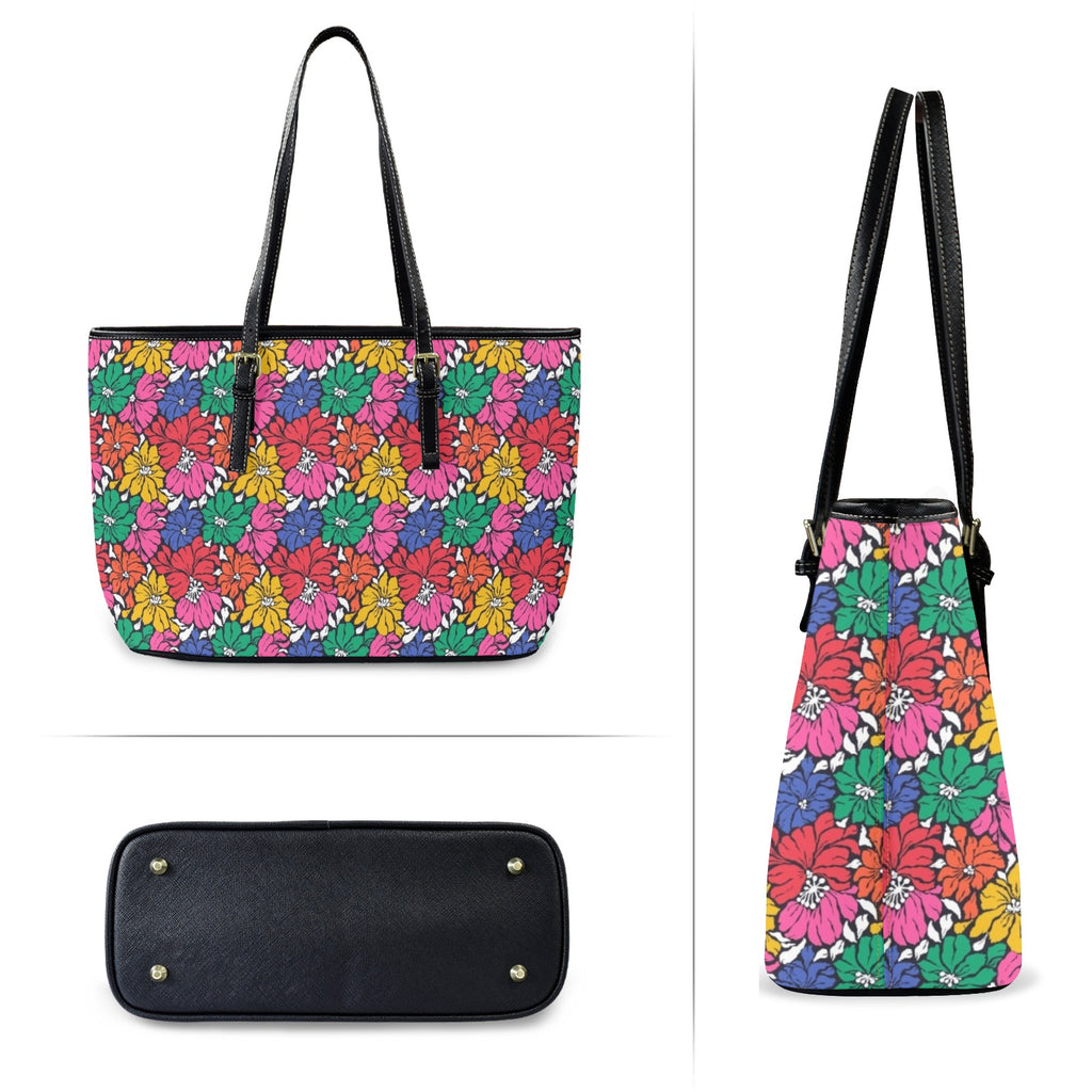 Bright And Bold Flowers PU Leather Tote Bag Large Leather Tote Bag-Large Plants Printed Offshore