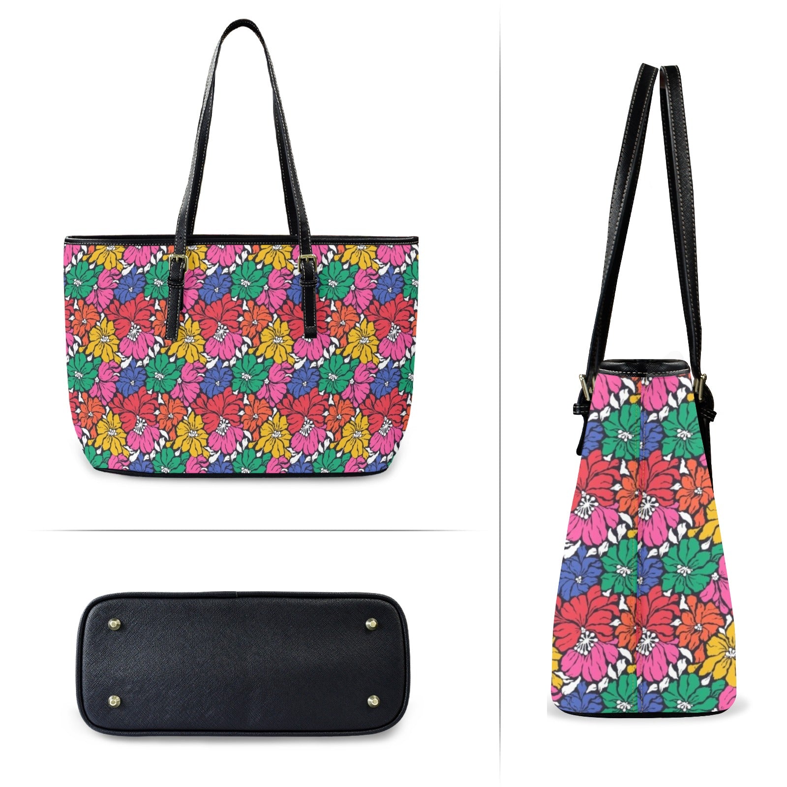 Bright And Bold Flowers - PU Leather Tote Bag - Large