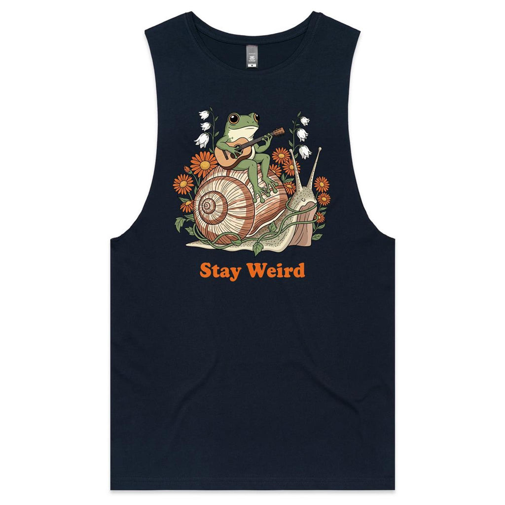 Stay Weird, Guitar Playing Frog On A Snail Mens Men's AS Colour Drop Arm Tank Top Navy Drop Arm Tank Top animal Music Printed In Australia