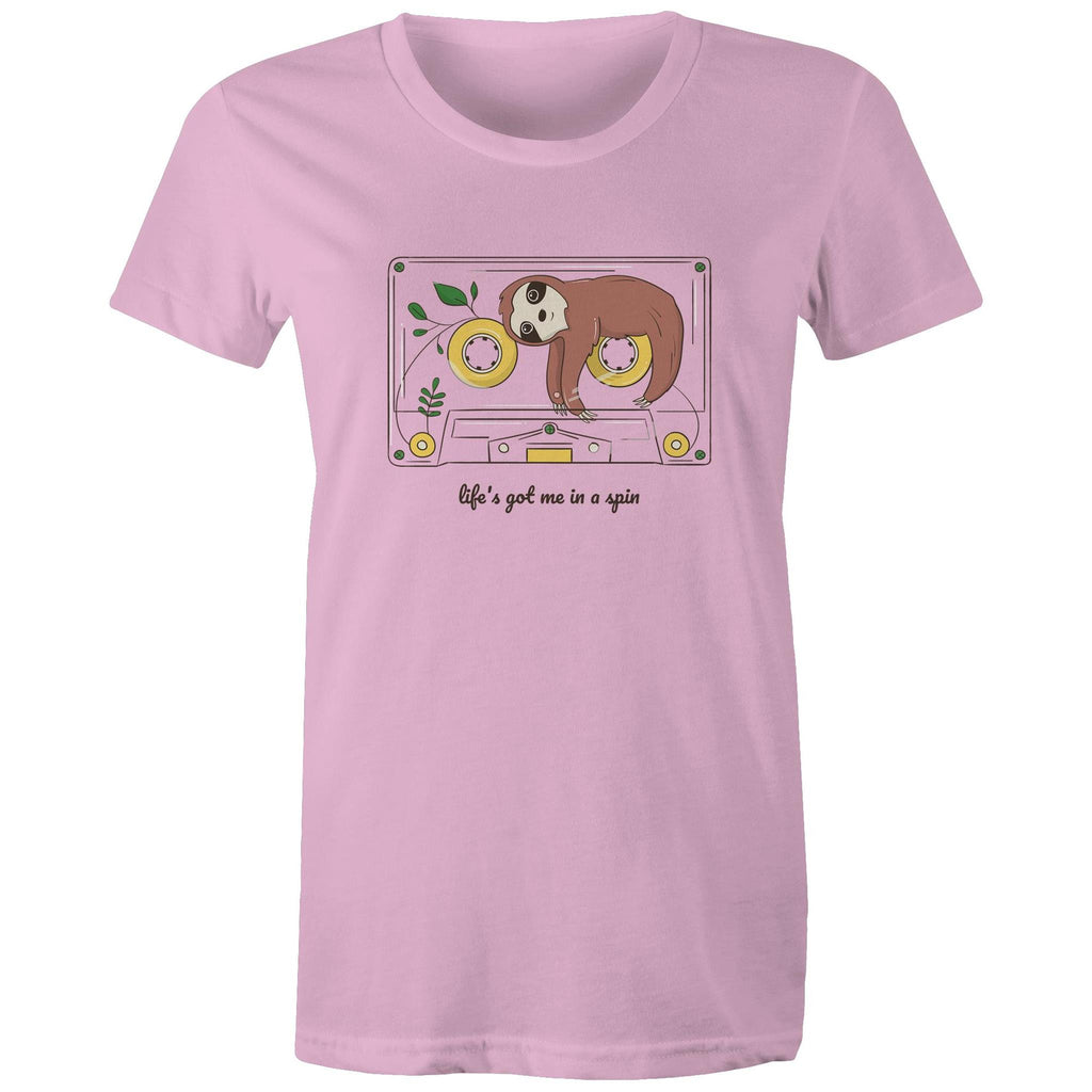 Life's Got Me In A Spin, Sloth, Cassette Tape - Womens T-shirt Pink Womens T-shirt Music Printed In Australia