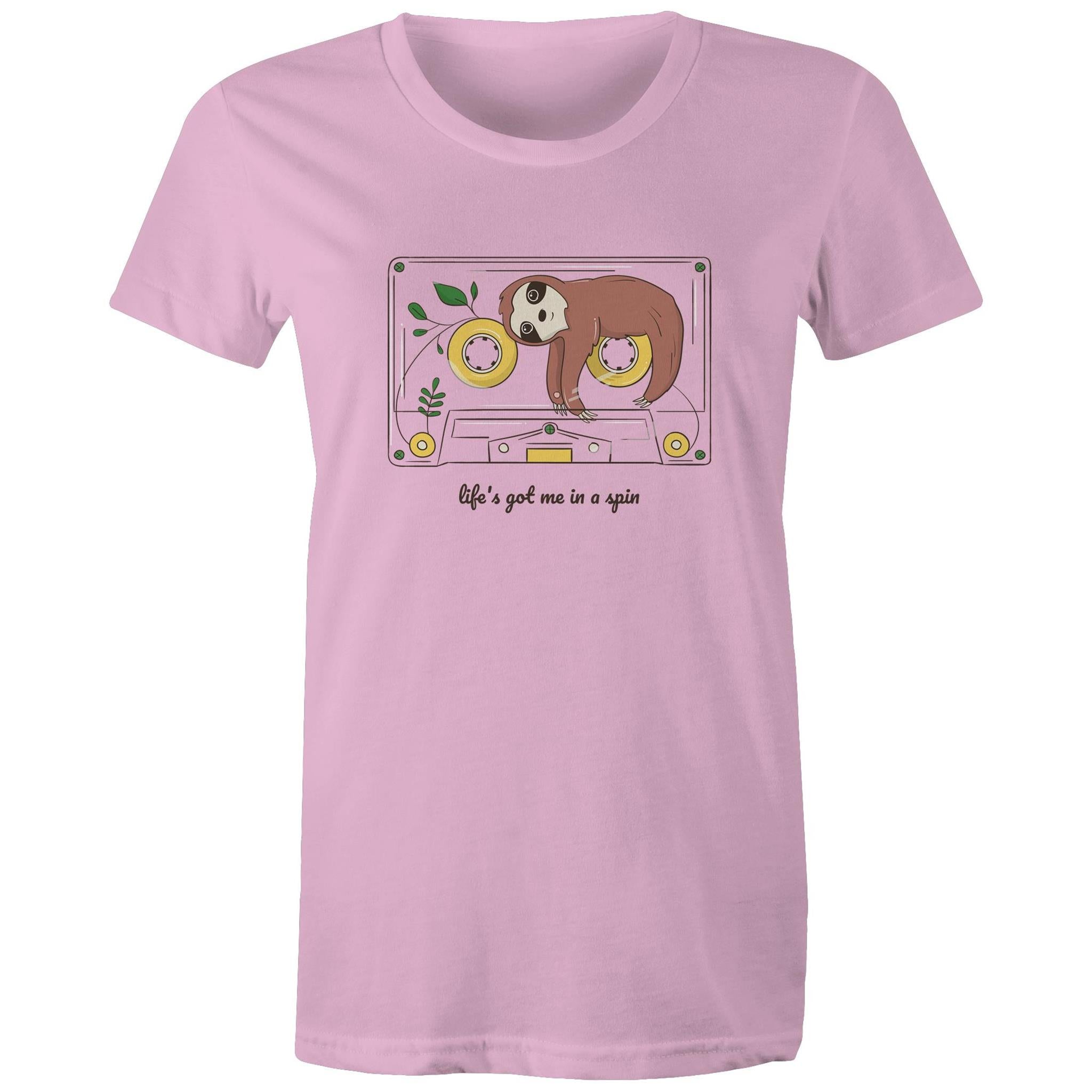 Life's Got Me In A Spin, Sloth, Cassette Tape - Womens T-shirt Pink Womens T-shirt Music Printed In Australia