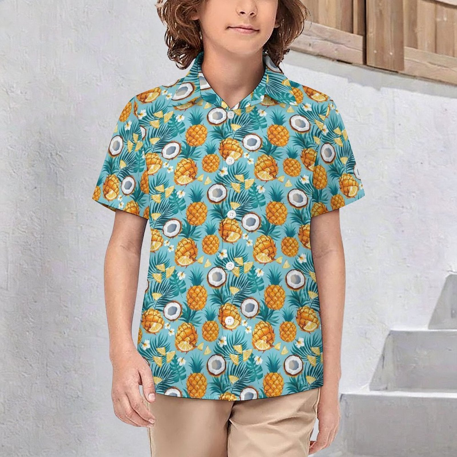 Pineapple Coconut Kids Youth Short Sleeve Button Up Shirt