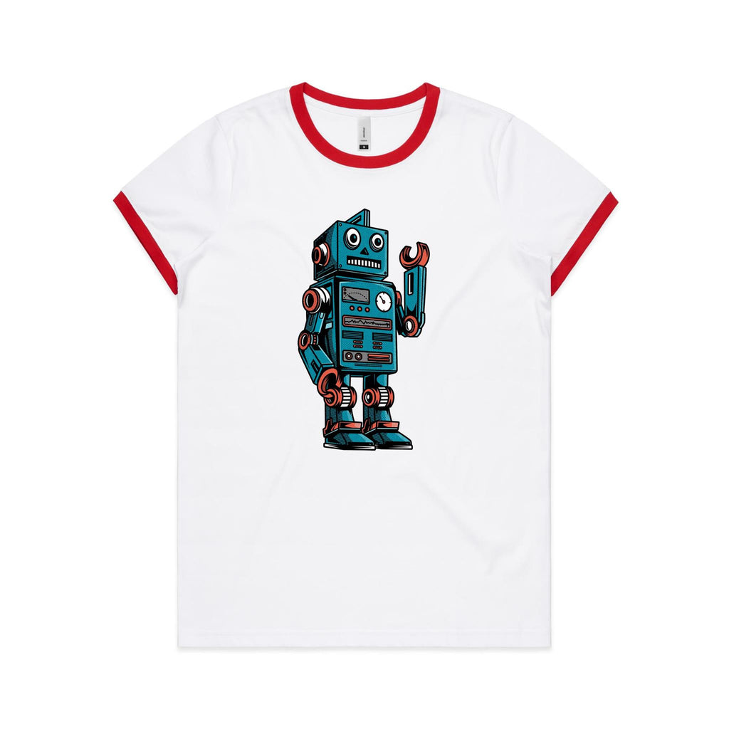 Robot - Women's Ringer Tee White Red Womens Ringer T-shirt Printed In Australia Sci Fi
