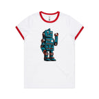 Robot - Women's Ringer Tee White Red Womens Ringer T-shirt Printed In Australia Sci Fi