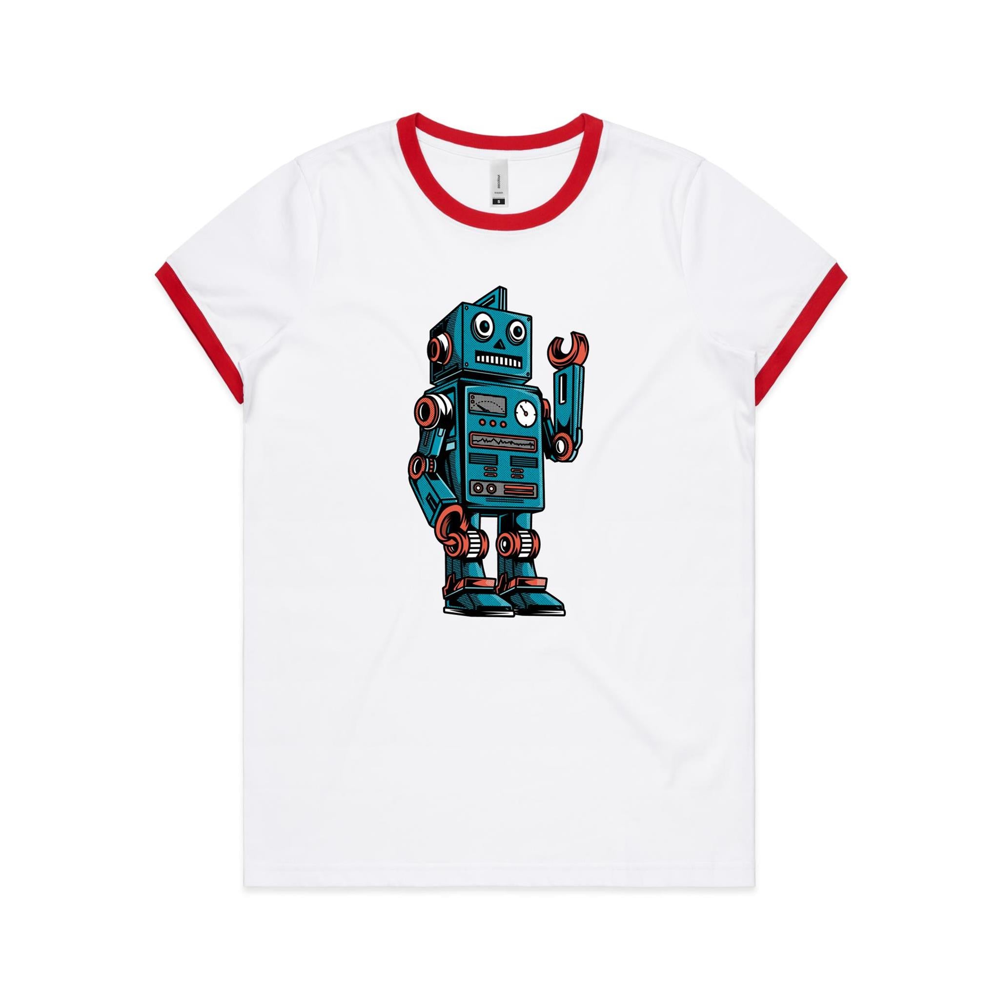 Robot - Women's Ringer Tee White Red Womens Ringer T-shirt Printed In Australia Sci Fi